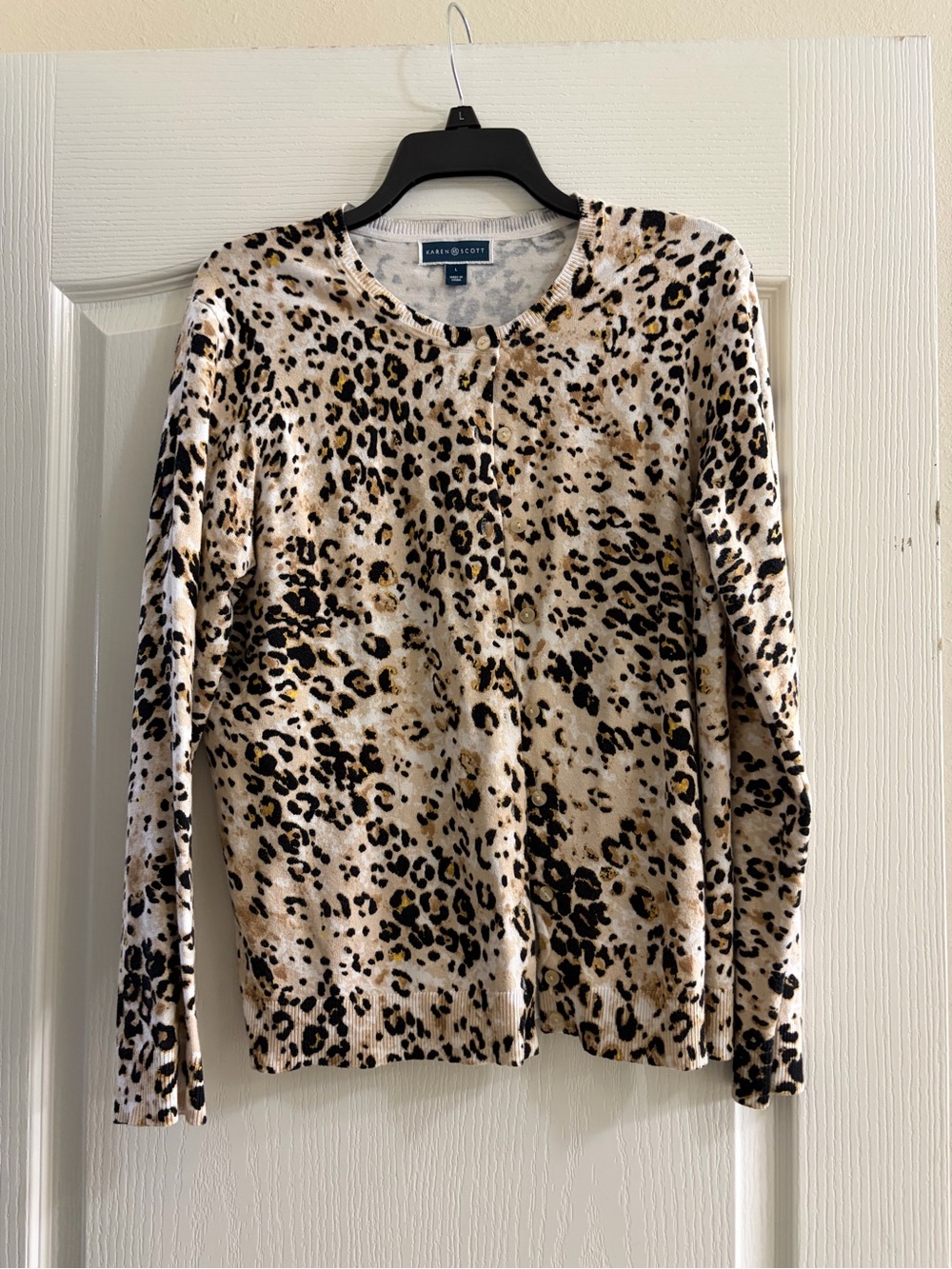 Karen Scott Beige and Black Leopard Print Cardigan